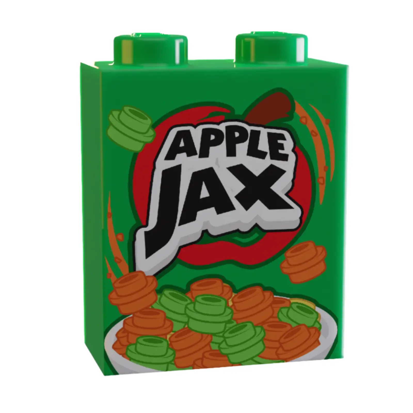 B3 Customs LEGO brick featuring a detailed Apple Jax cereal box design, showcasing colorful cereal branding and packaging.