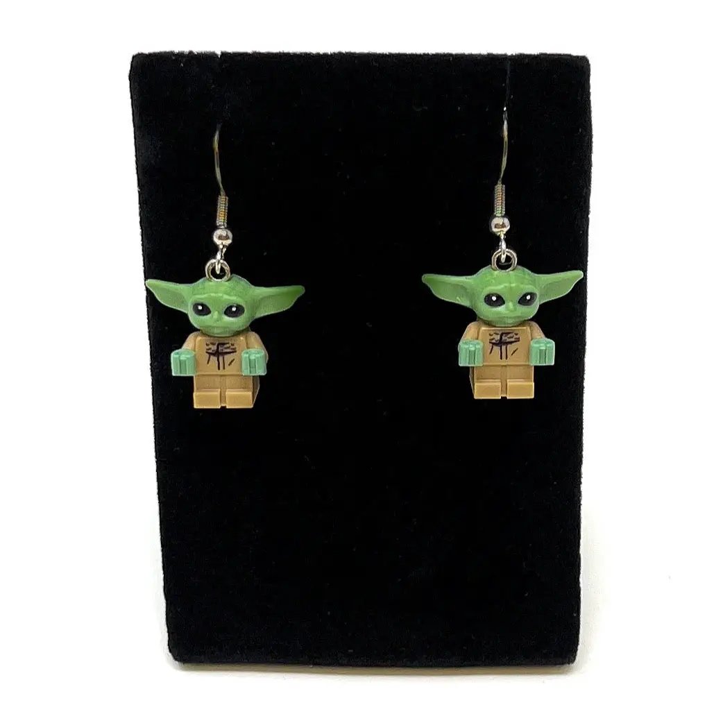 B3 Customs Baby Yoda (Grogu) earrings made from LEGO bricks, featuring detailed LEGO-style miniature Grogu figures on earrings.