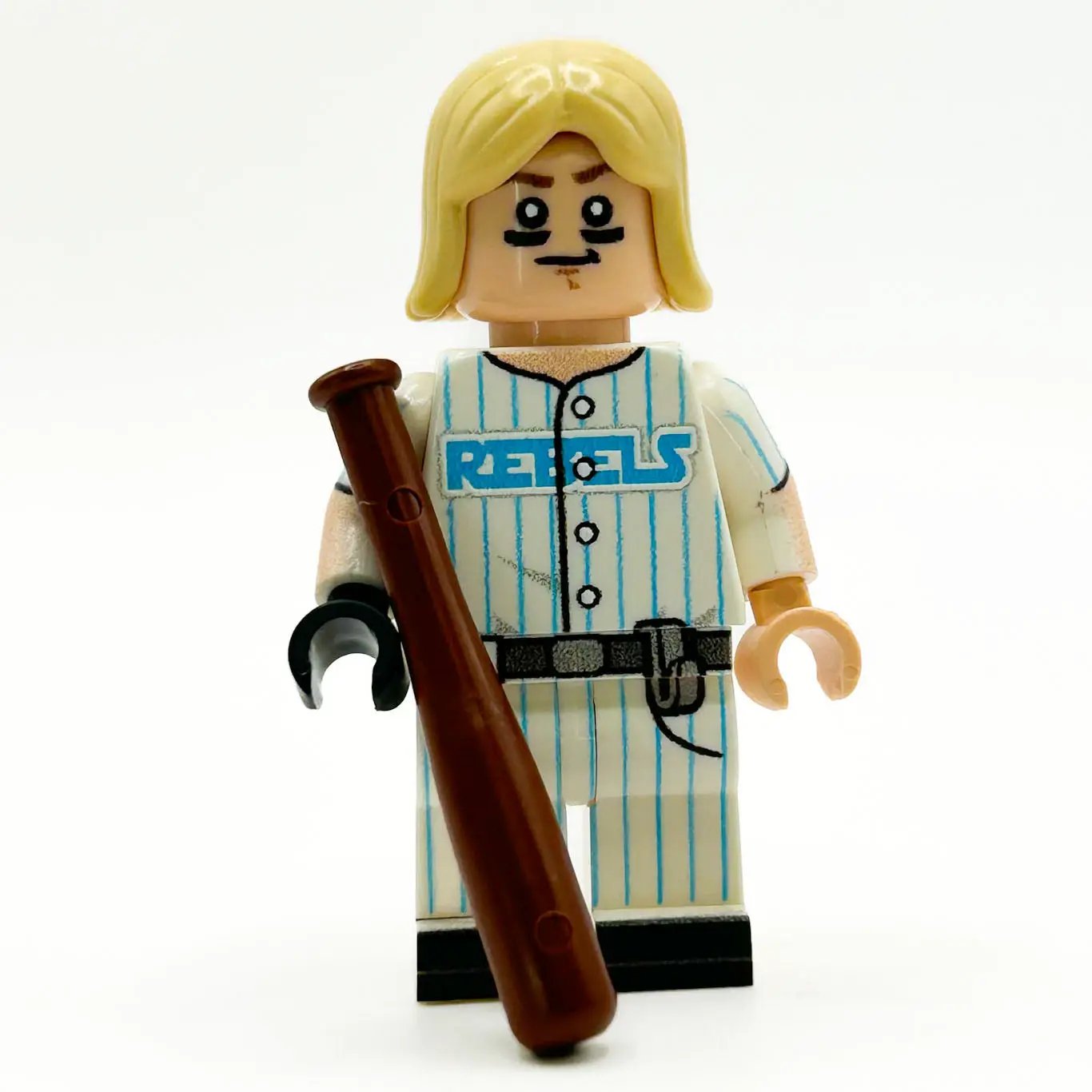 B3 Customs May 4th Luke Skywalker LEGO minifigure styled as a baseball player, detailed LEGO parts, sci-fi costume design.