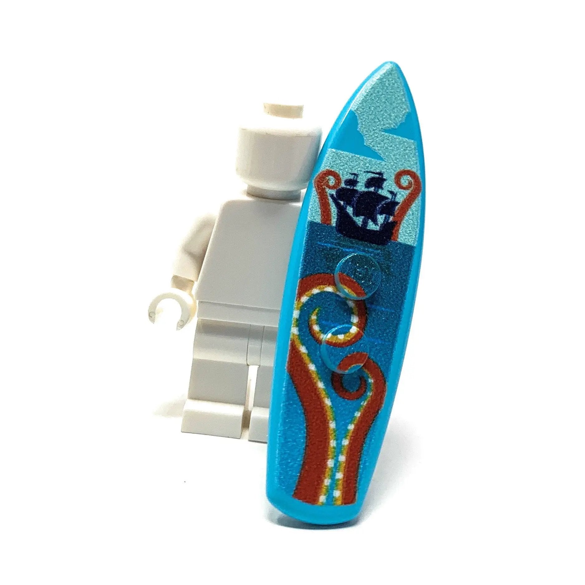 B3 Customs Printed Kraken surfboard made from LEGO bricks with detailed Kraken design and vibrant colors on the surfboard surface.