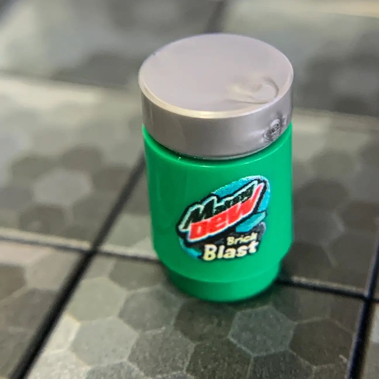 B3 Customs Printed Making Dew LEGO soda can replica featuring Brick Blast design, detailed LEGO brick construction.