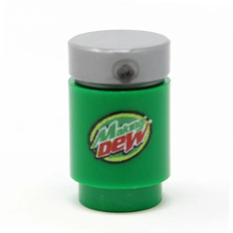 B3 Customs LEGO Dew Soda Can with custom printed label, made using LEGO parts, detailed and colorful collectible toy piece.