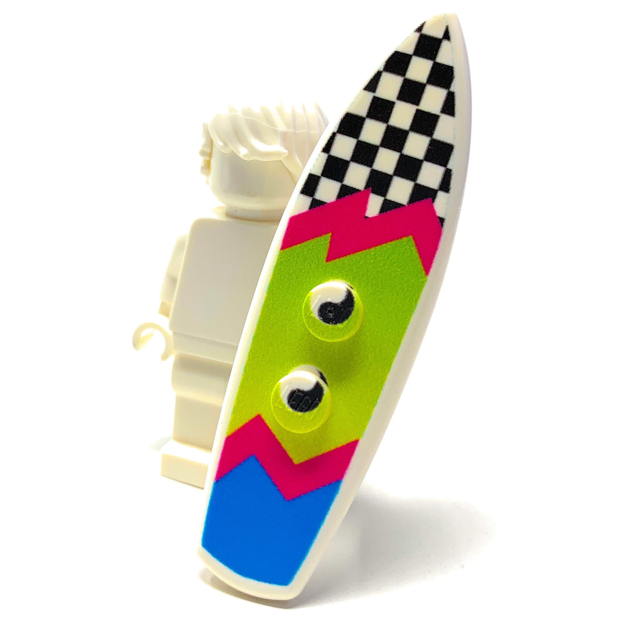 B3 Customs printed Ying Tang checkerboard surfboard made from LEGO® bricks, showcasing vibrant pattern and detailed brick construction.