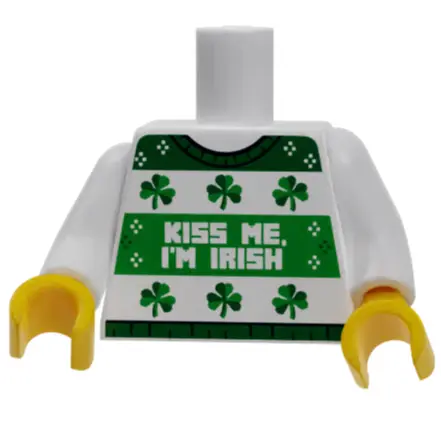 White torso sweater with green St. Patrick's Day kiss me Irish print, designed by B3 Customs, featuring festive holiday graphics.