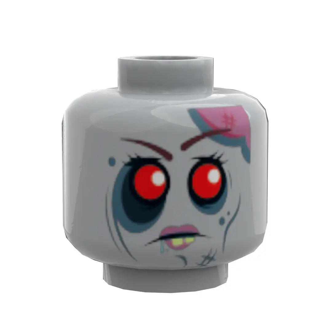 B3 Customs Zombie #2 Minifig Head with detailed zombie face and dark green accents, designed for LEGO minifigure customization.