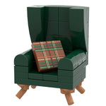 Green LEGO Kelly armchair with pillow, custom B3 Customs home furniture piece for minifigs, made with LEGO bricks.