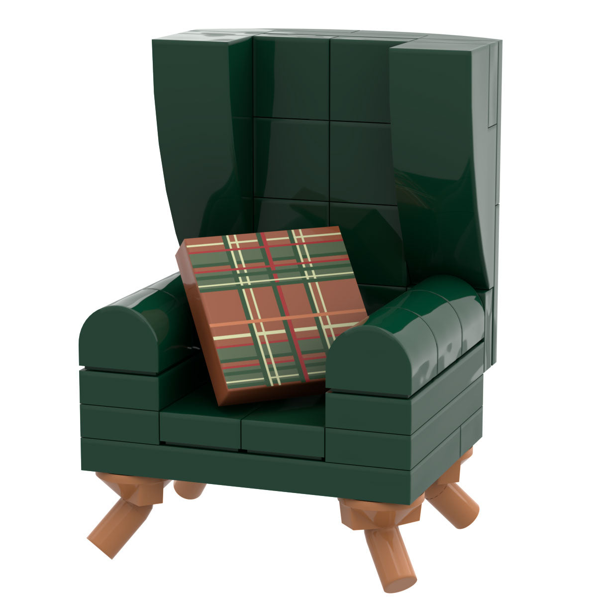 Green LEGO Kelly armchair with pillow, custom B3 Customs home furniture piece for minifigs, made with LEGO bricks.