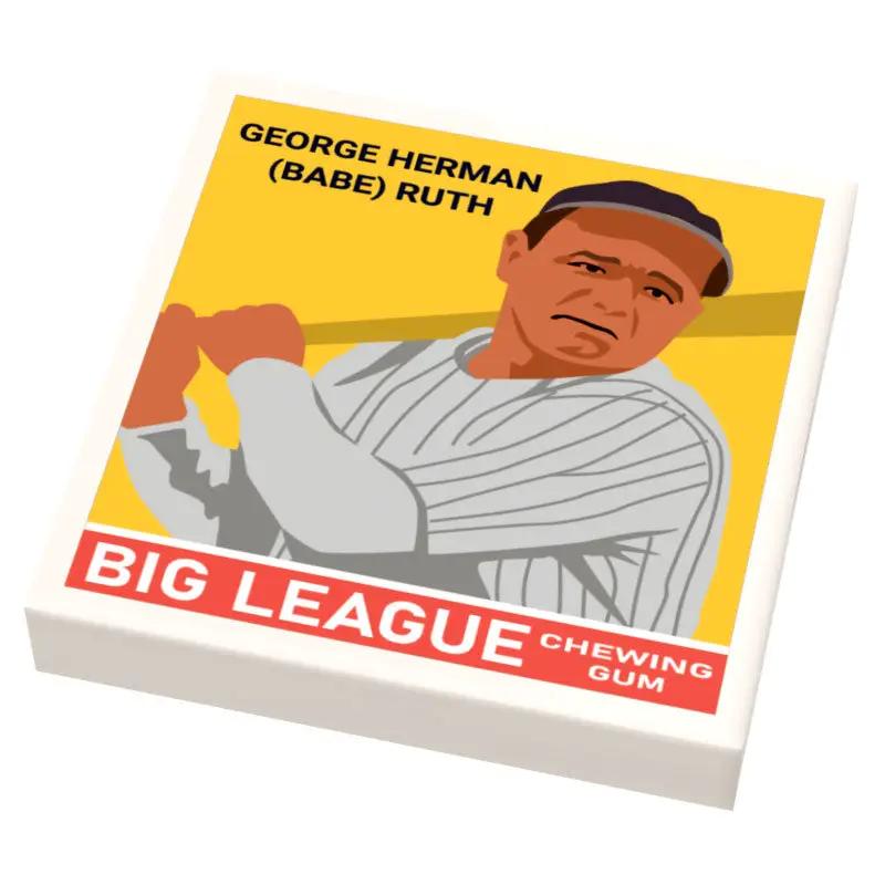 Lego Babe Ruth baseball card custom tile by B3 Customs featuring 1933 Goudey design and vintage baseball imagery.