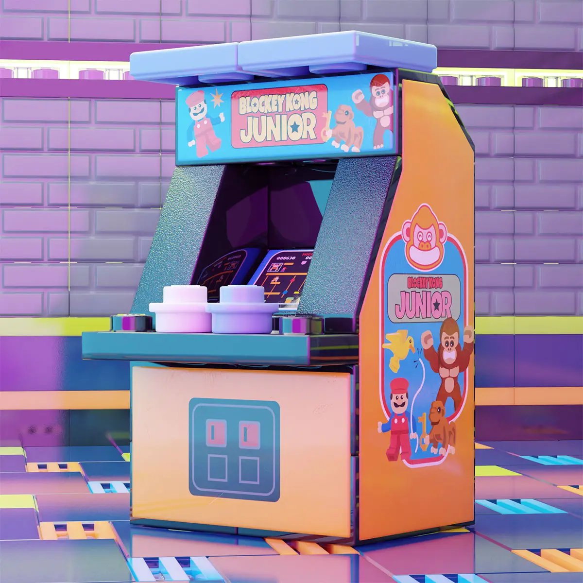Blockey Kong Jr. arcade machine replica by B3 Customs with colorful LEGO construction and classic arcade design.