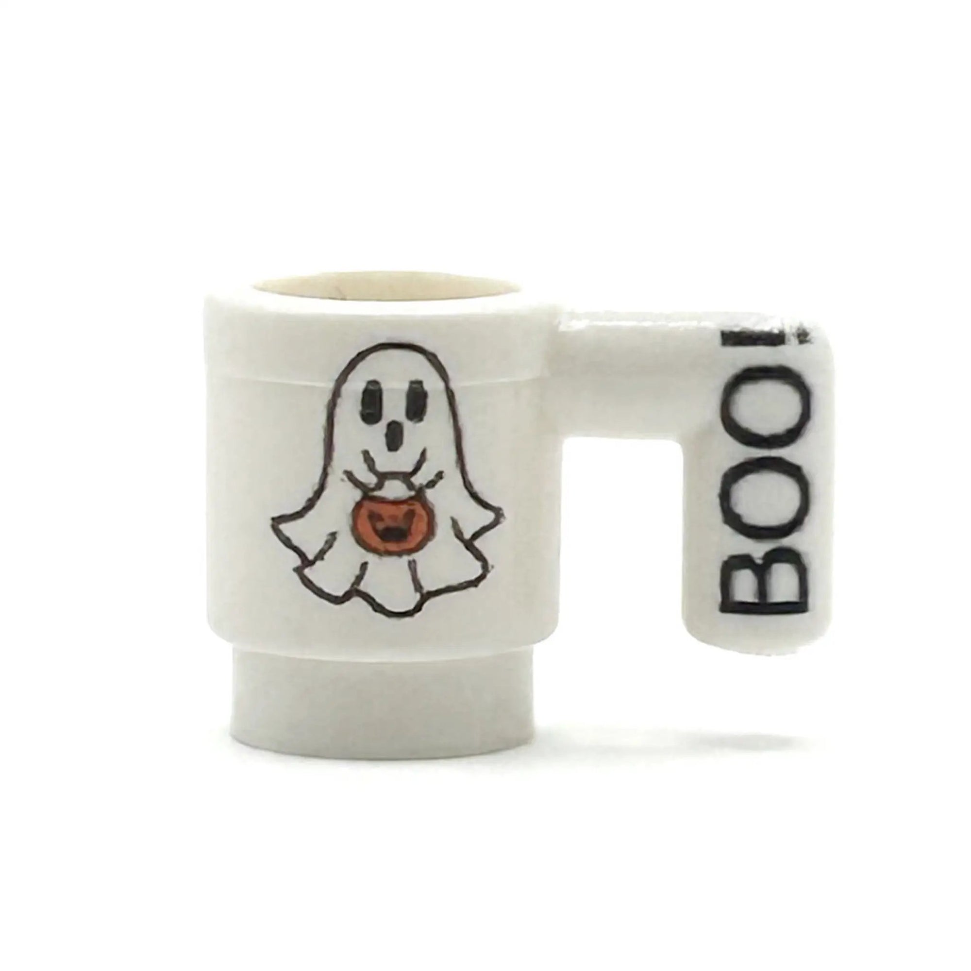 LEGO minifigure ghost with pumpkin mug, custom Halloween-themed build by B3 Customs, detailed mini-figure with festive accessories