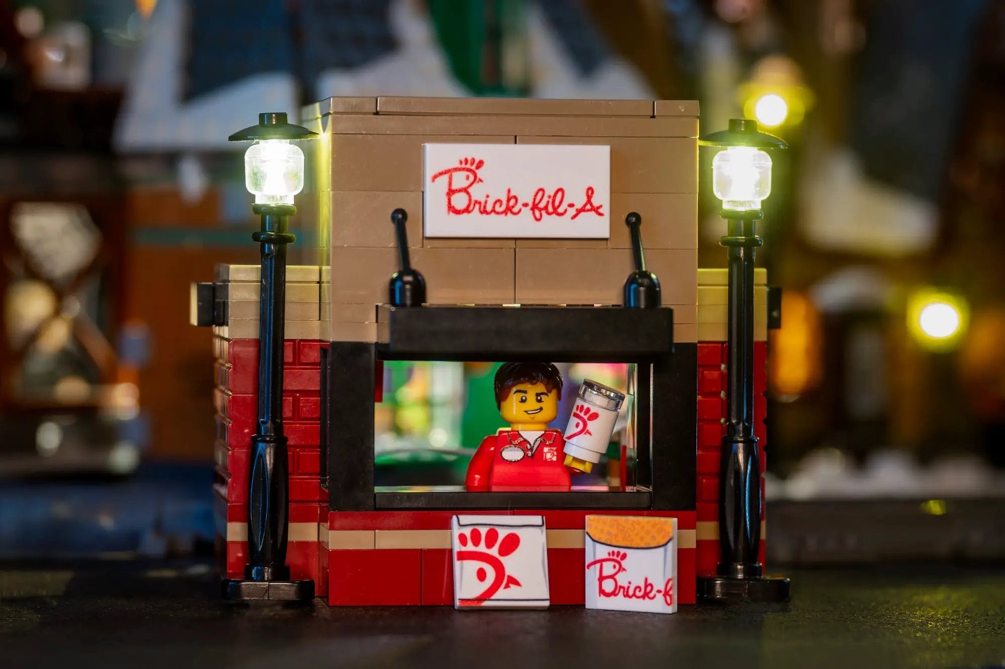 LEGO Chick-Fil-A food stand with B3 Customs employee minifigure, detailed brick-built fast food stand and accessories.