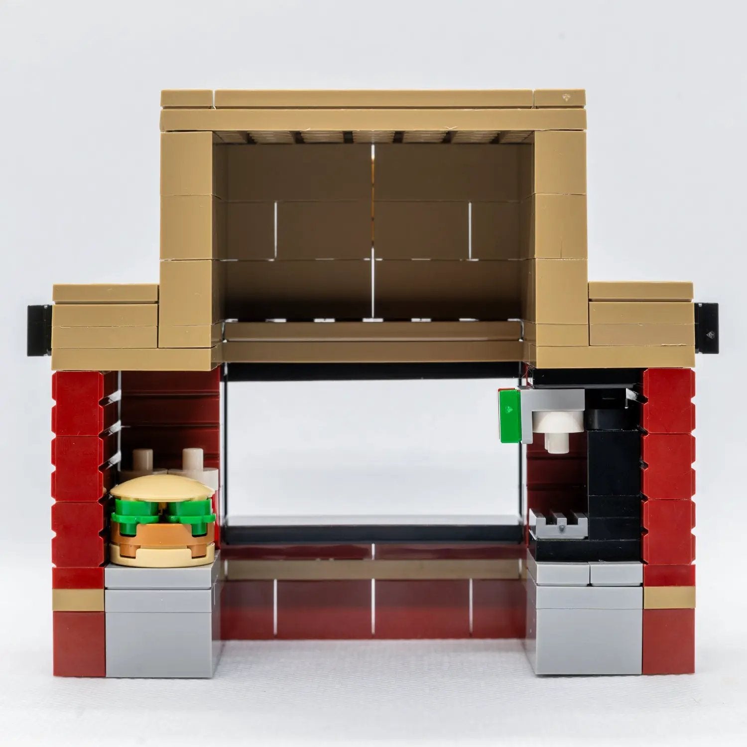 Brick-Fil-A food stand with employee minifig from B3 Customs, featuring a detailed LEGO-style restaurant scene.