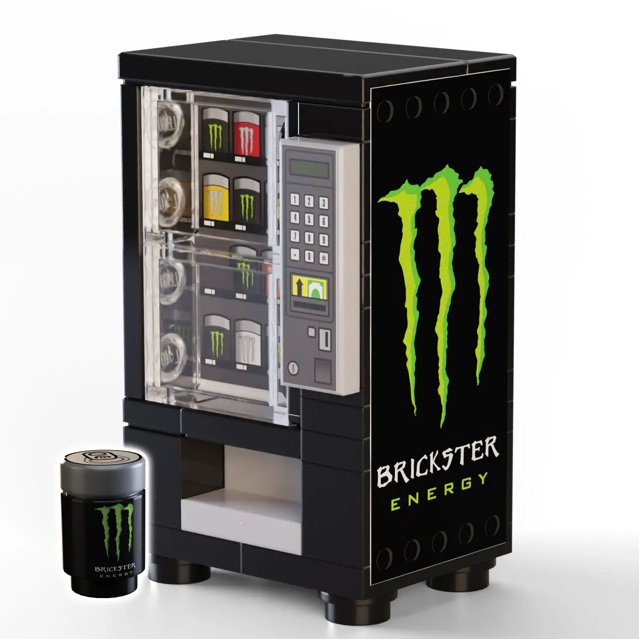 Custom LEGO Monster Energy vending machine minifigure from B3 Customs, featuring detailed brick-built design and branding.