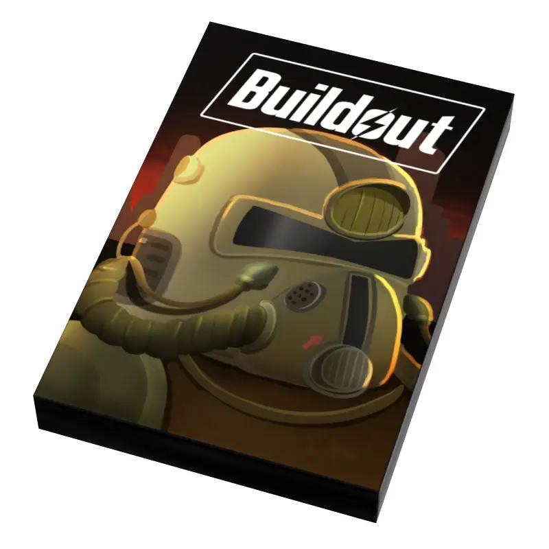 Buildout Video Game Cover with LEGO Fallout theme, featuring custom B3 Customs 2x3 tile design for collectible display.