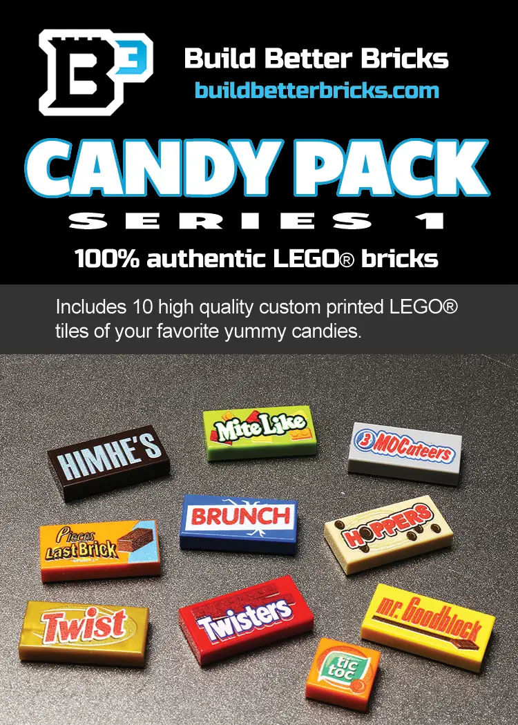 LEGO Candy Pack Series 1 by B3 Customs, colorful package with LEGO-themed candy designs and vibrant branding.