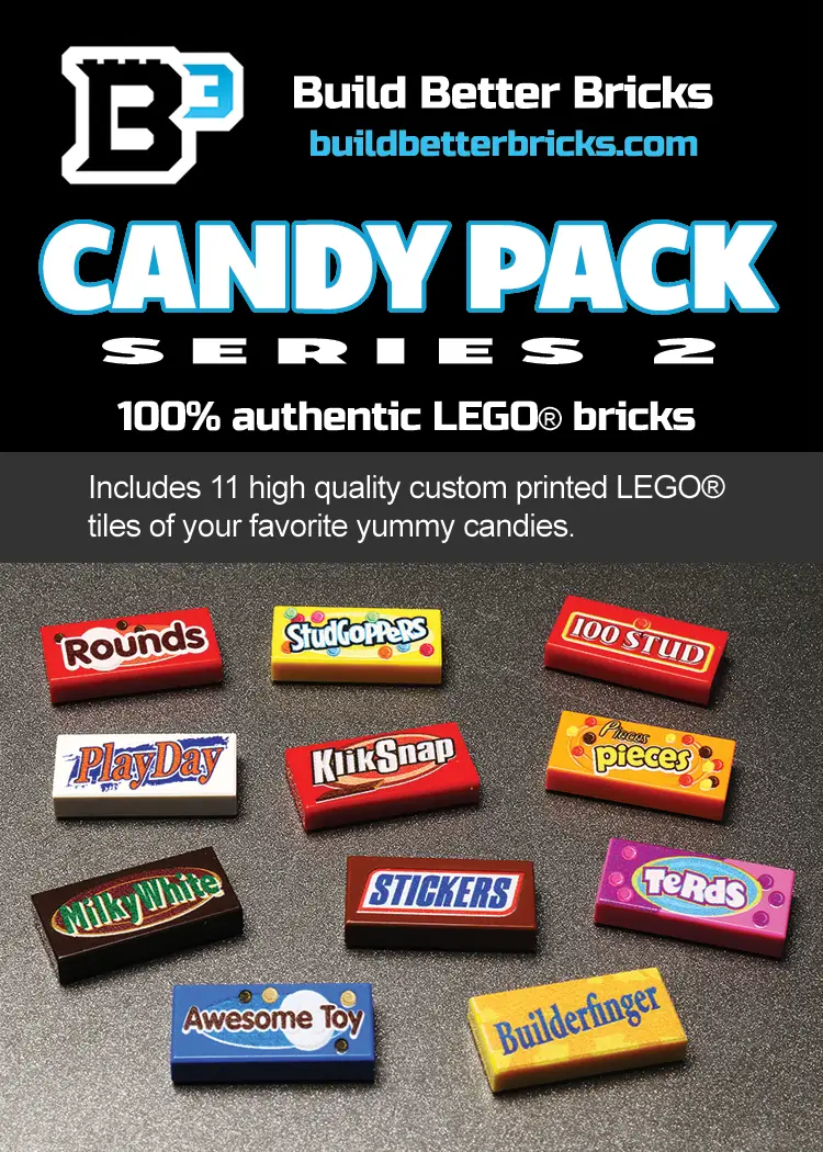 LEGO Candy Pack Series 2 by B3 Customs, packaged in a colorful cardboard card featuring LEGO candy-themed toys and accessories.