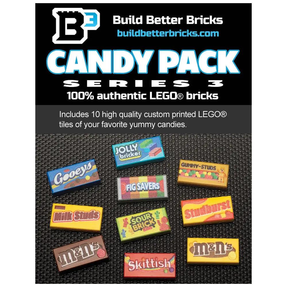 LEGO Candy Pack Series 3 by B3 Customs showing colorful LEGO candy-themed mini figures and packaging box.