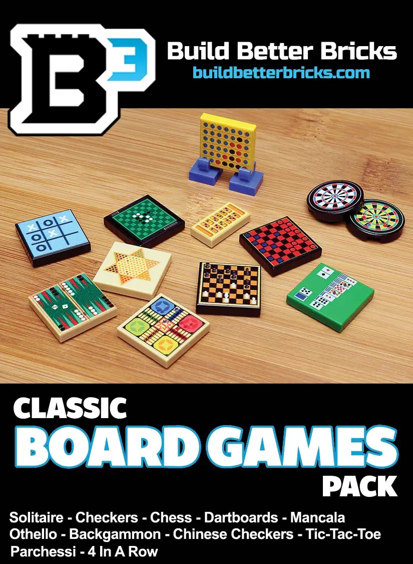 Classic Board Games Pack made with LEGO parts by B3 Customs, featuring colorful game pieces and a creative LEGO-based design.