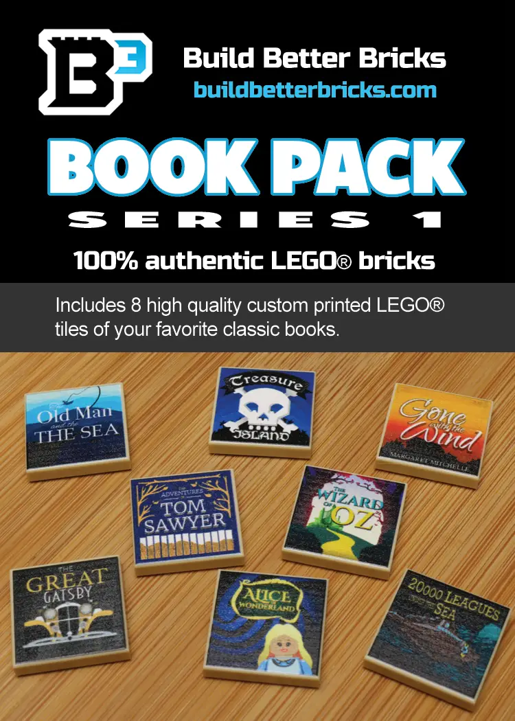 LEGO Classic Books Pack Series 1 by B3 Customs displayed on a package card, featuring miniature LEGO book models.