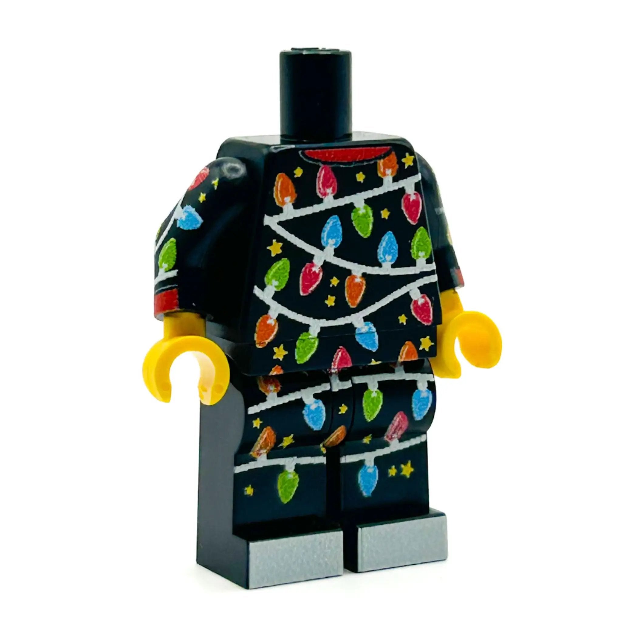 Black minifig body wearing Classic Christmas Lights pajamas from B3 Customs, featuring festive holiday design on the fabric.