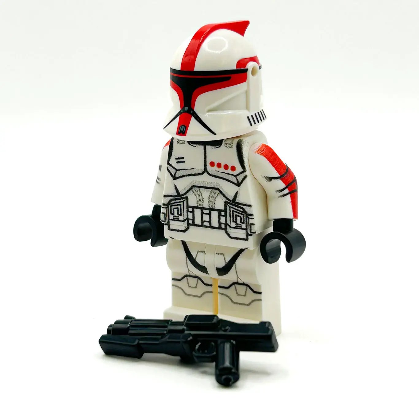 Red Commander Clone Trooper Phase 1 minifigure from B3 Customs with detailed armor and helmet, LEGO-style toy figure.