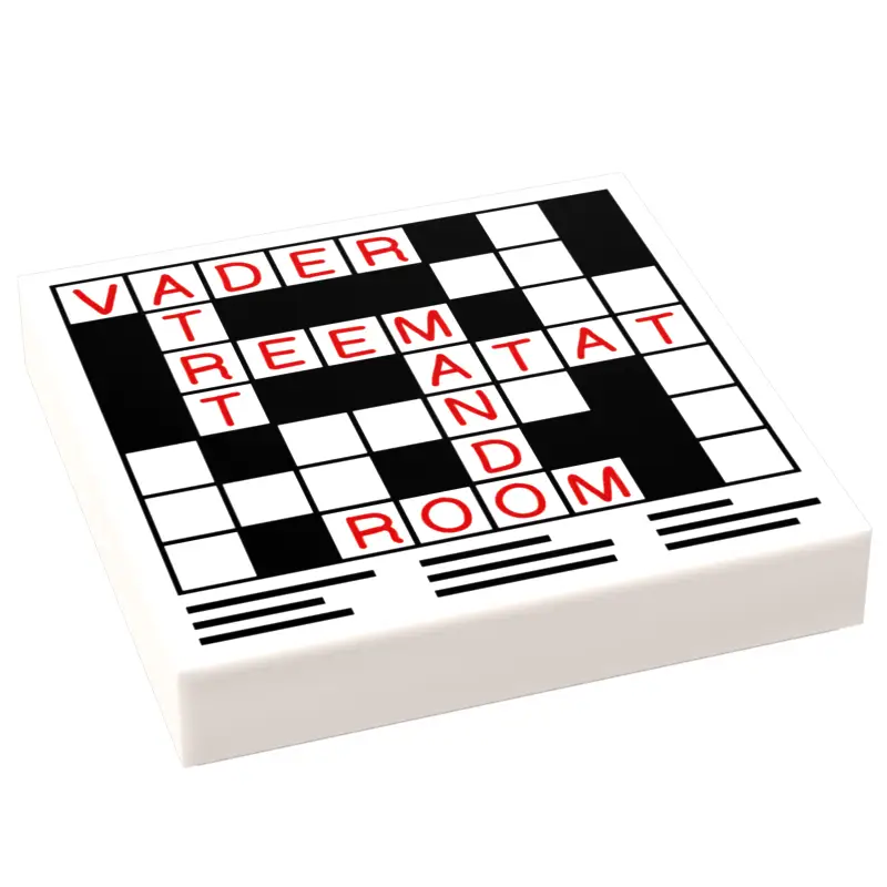 Custom LEGO crossword puzzle with 2x2 tiles for minifigs, designed by B3 Customs, featuring colorful interlocking puzzle pieces.