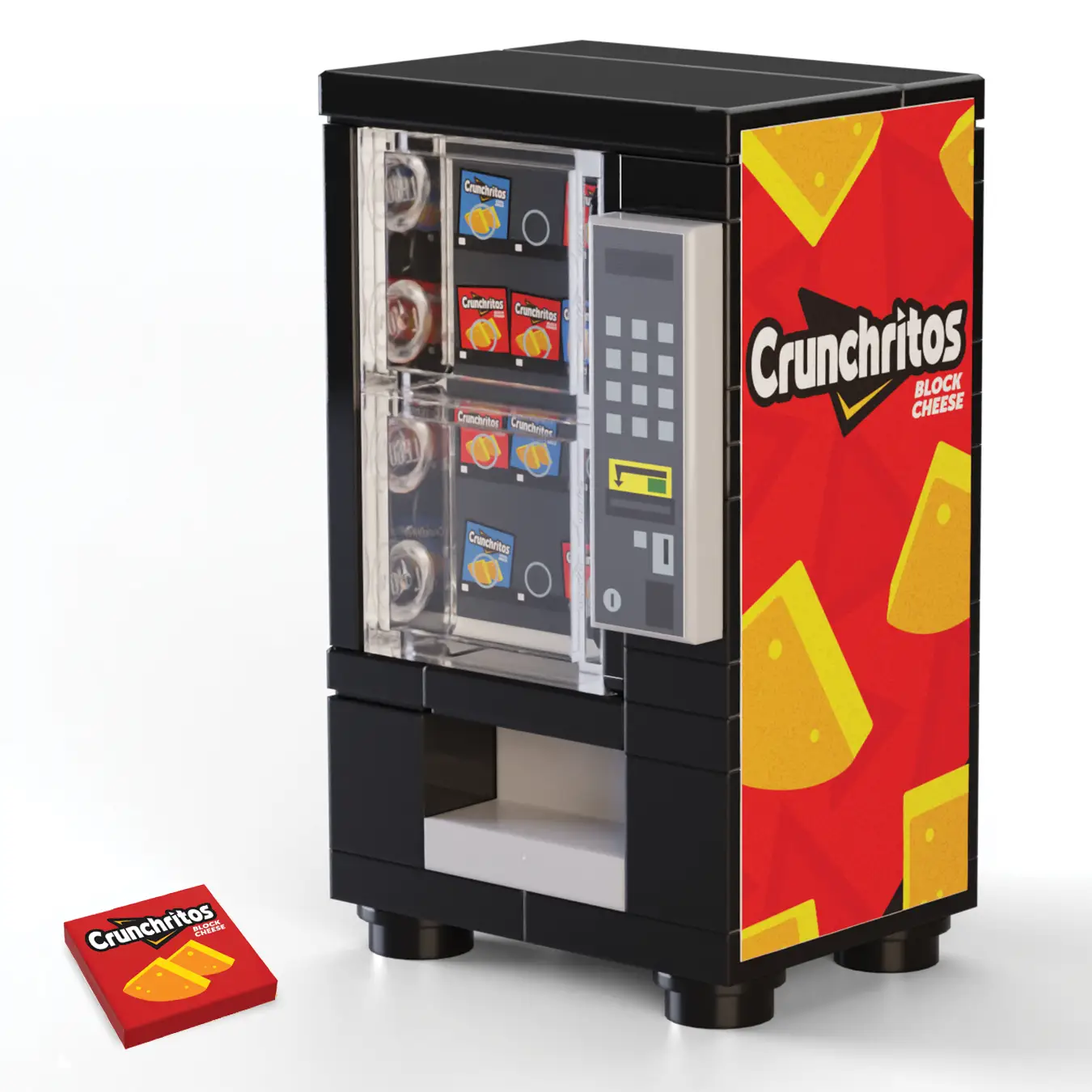 LEGO model of a Crunchitos snack minifig vending machine by B3 Customs with Doritos snack details.