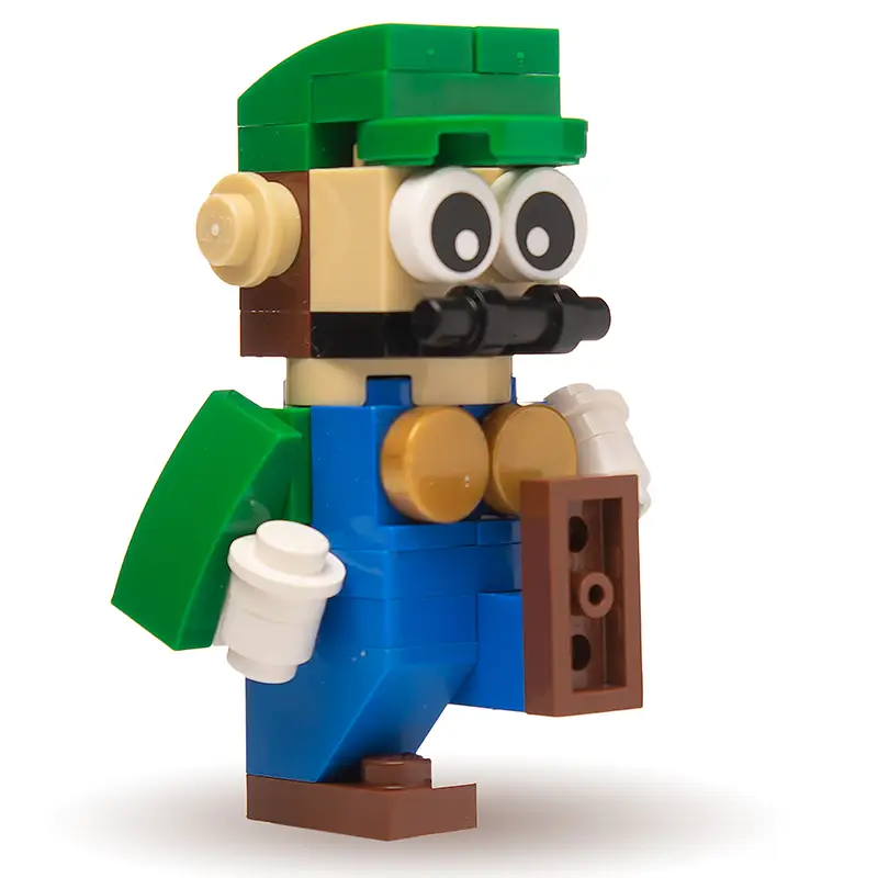 Custom green plumber building figure made with LEGO parts by B3 Customs, featuring Luigi-inspired design and white details.