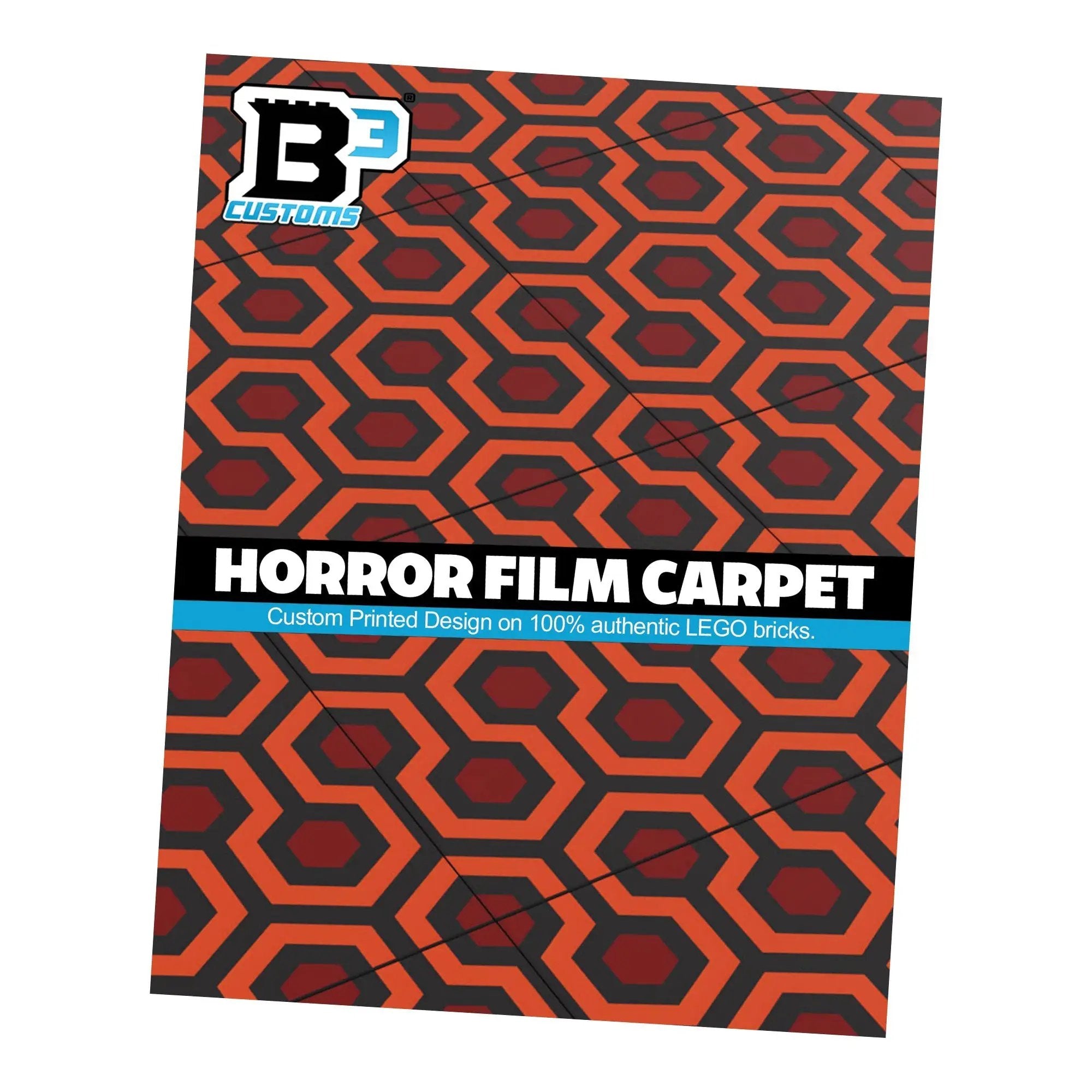 Set of 10 custom horror film LEGO tile carpets, 6x6 inches, featuring spooky designs made by B3 Customs for themed decor.