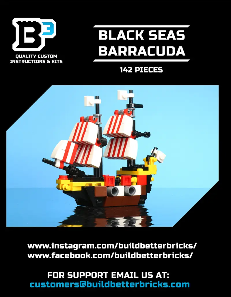Custom mini black Seas Barracuda ship with Captain Brickbeard minifigure by B3 Customs, featuring detailed pirate ship design.