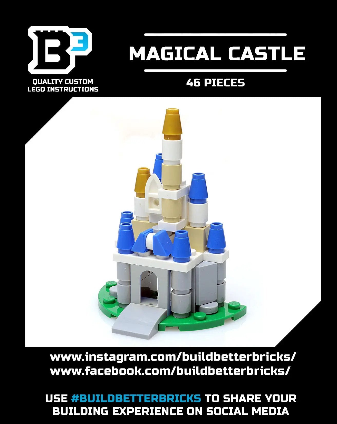 Front view of a custom mini magical castle built with LEGO bricks by B3 Customs, featuring colorful towers and intricate details.