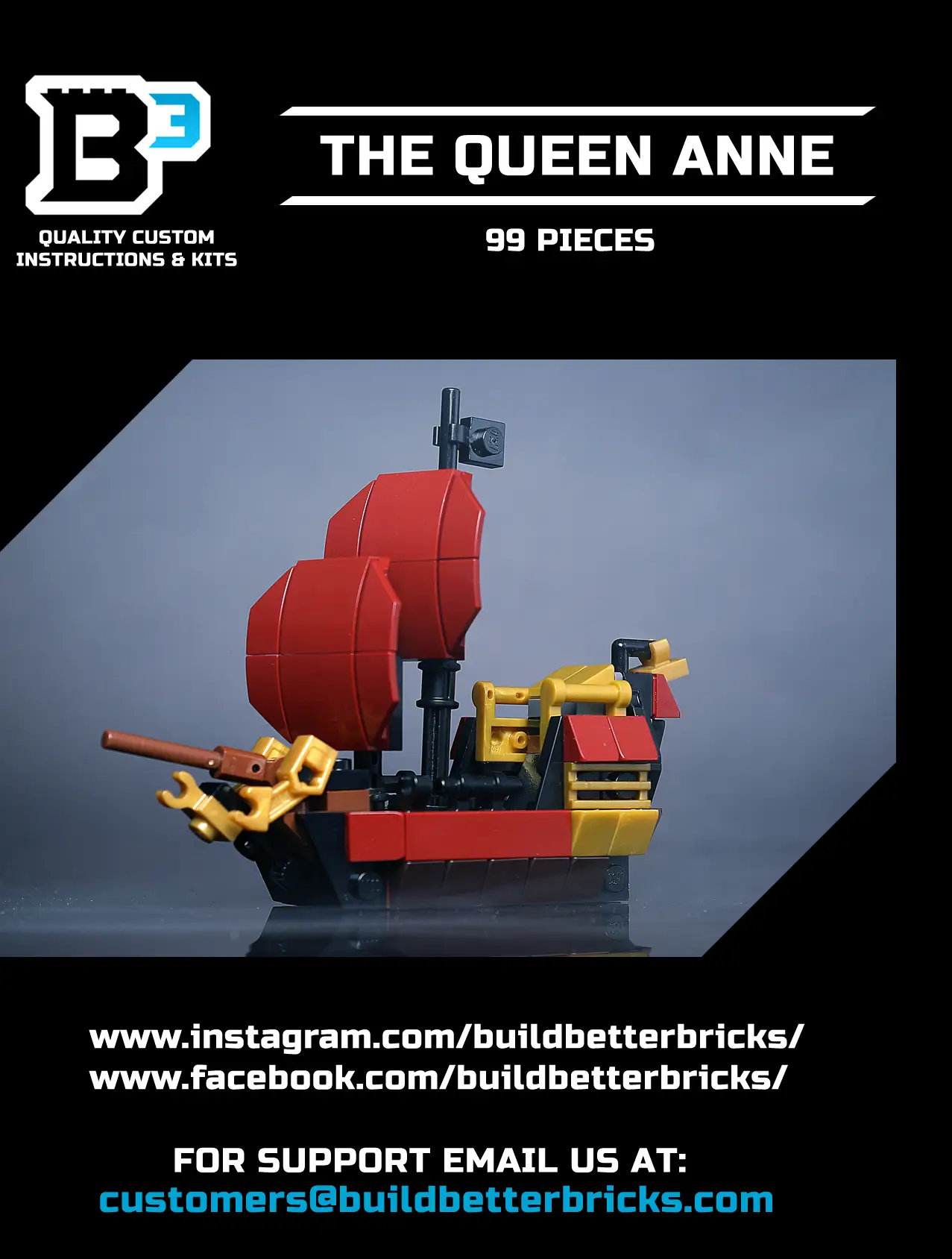 Custom Mini Queen Anne's Revenge pirate ship built with LEGO parts by B3 Customs, featuring detailed sails and pirate-themed design.