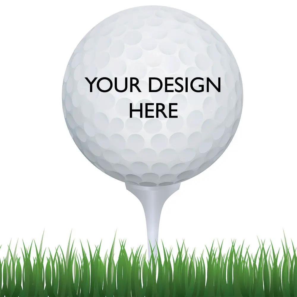 Custom B3 Customs printed golf balls with personalized designs, shown in a close-up image highlighting the detailed printed logos and text.