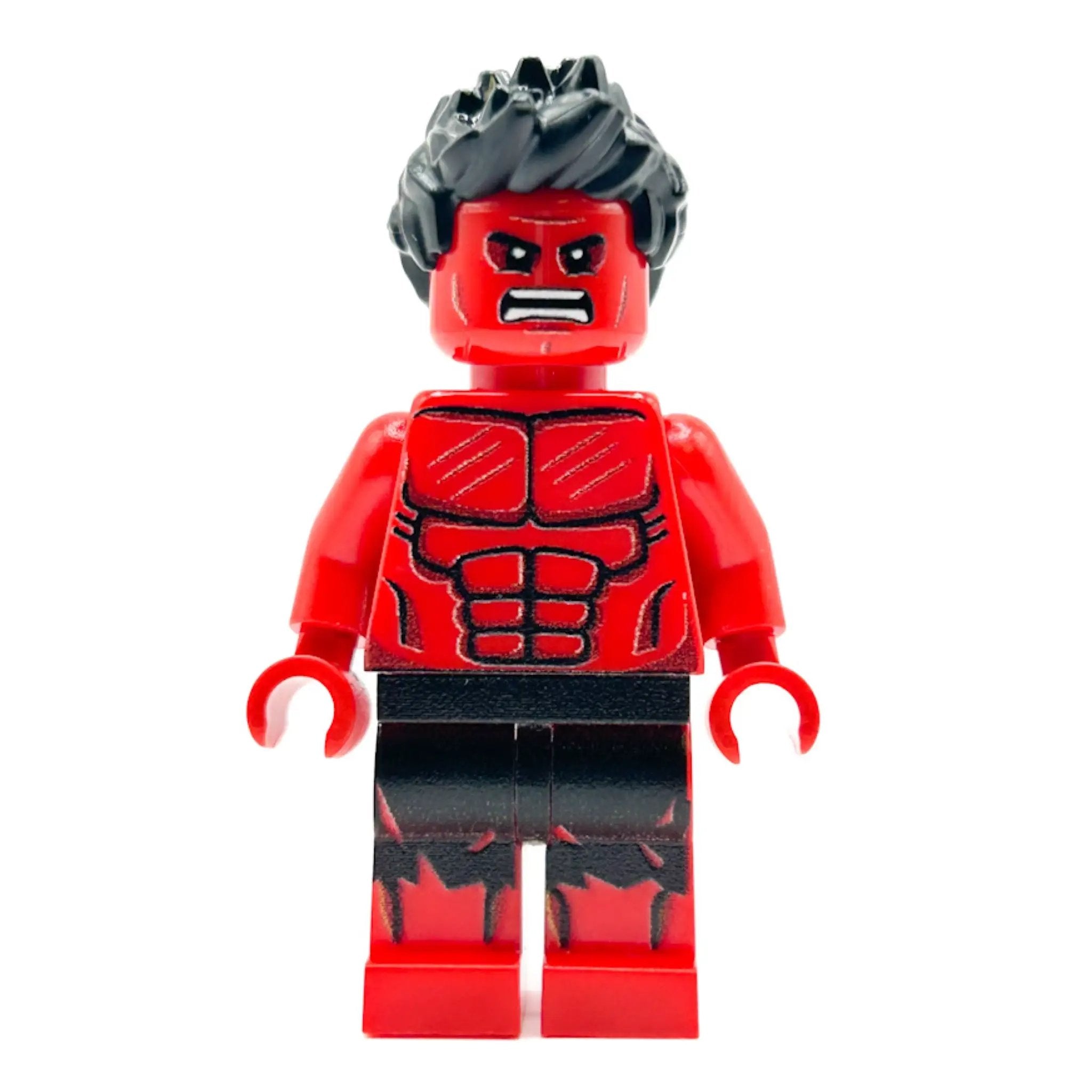 Custom Red Hulk Marvel Minifigure made with LEGO parts by B3 Customs, featuring detailed red and green Hulk design and LEGO-style construction.