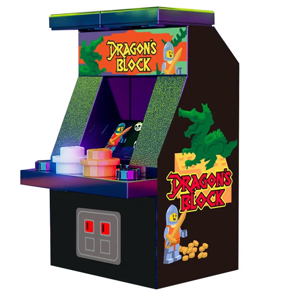 B3 Customs Dragon's Block Classic Arcade Machine made of LEGO bricks, featuring colorful retro arcade game design and controls.