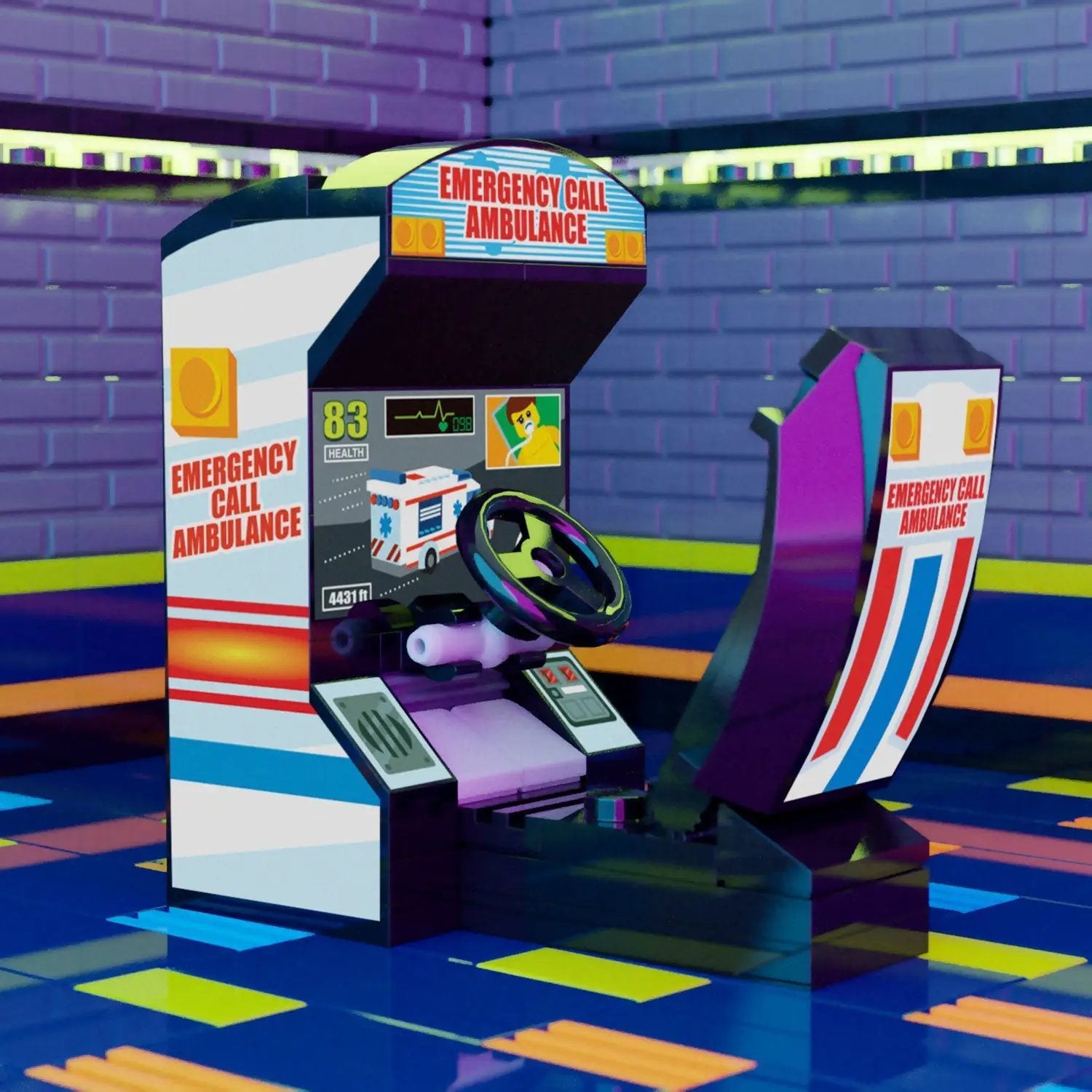 Lego ambulance arcade racing game by B3 Customs featuring a detailed ambulance model and racing tracks for arcade play.