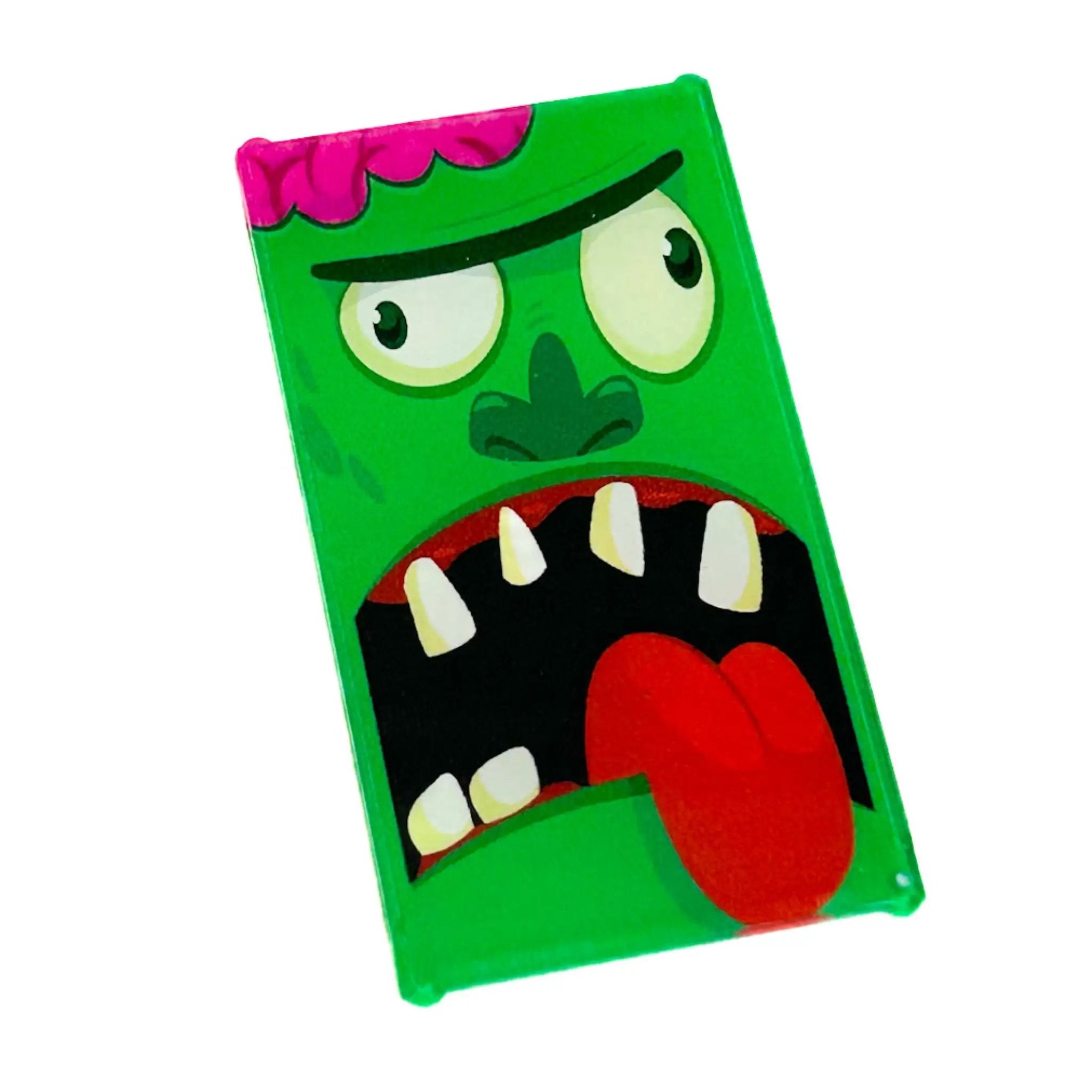 Custom LEGO Frankenstein's Monster and Zombie Halloween window decor on a glass surface, featuring detailed designs and vibrant colors.