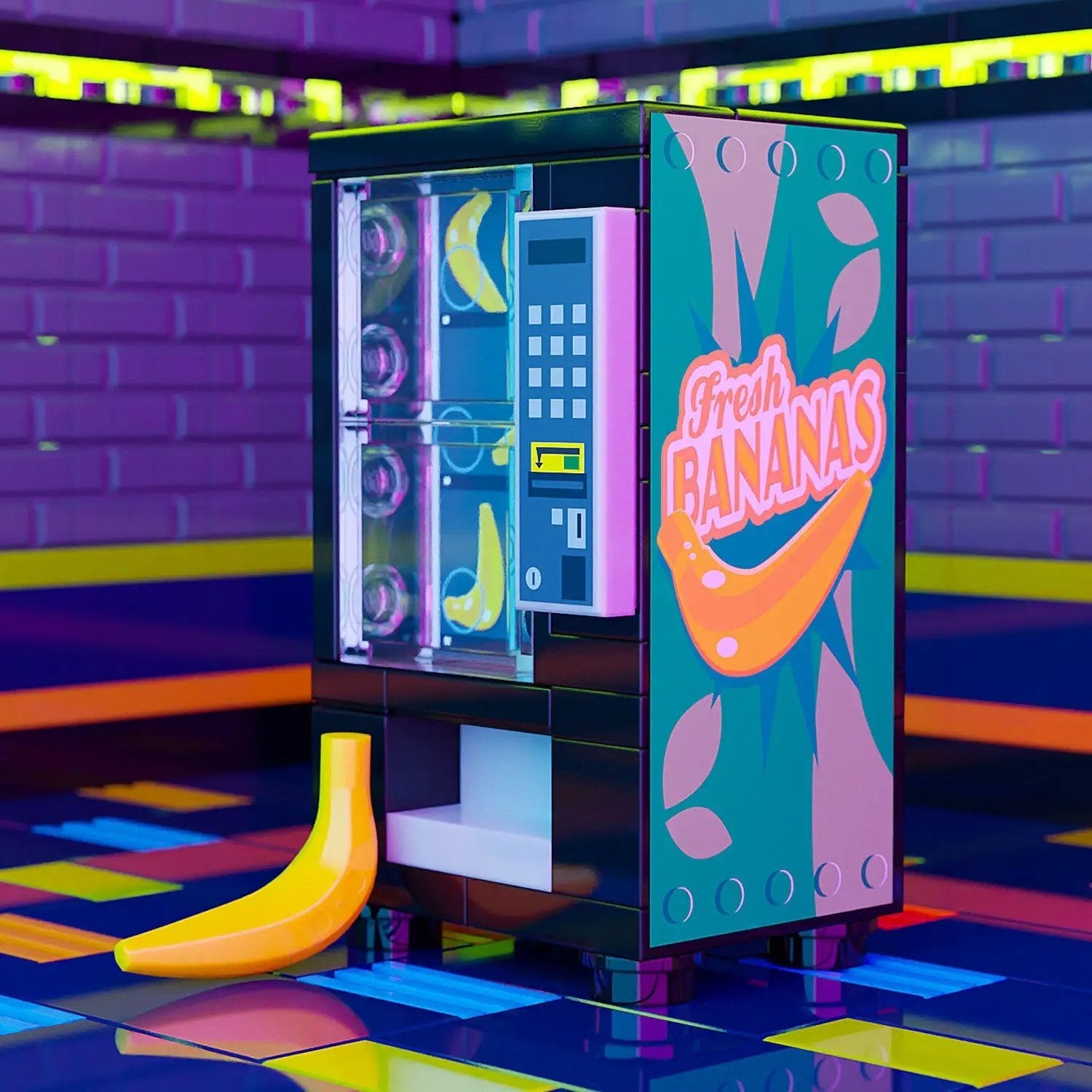 Fresh bananas displayed in a LEGO-built vending machine by B3 Customs, showcasing colorful LEGO bricks and realistic fruit details.