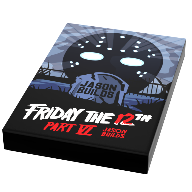 Custom LEGO Friday the 13th Part VI Jason Builds movie tile cover, 2x3 tile featuring Jason Voorhees from the horror film series.