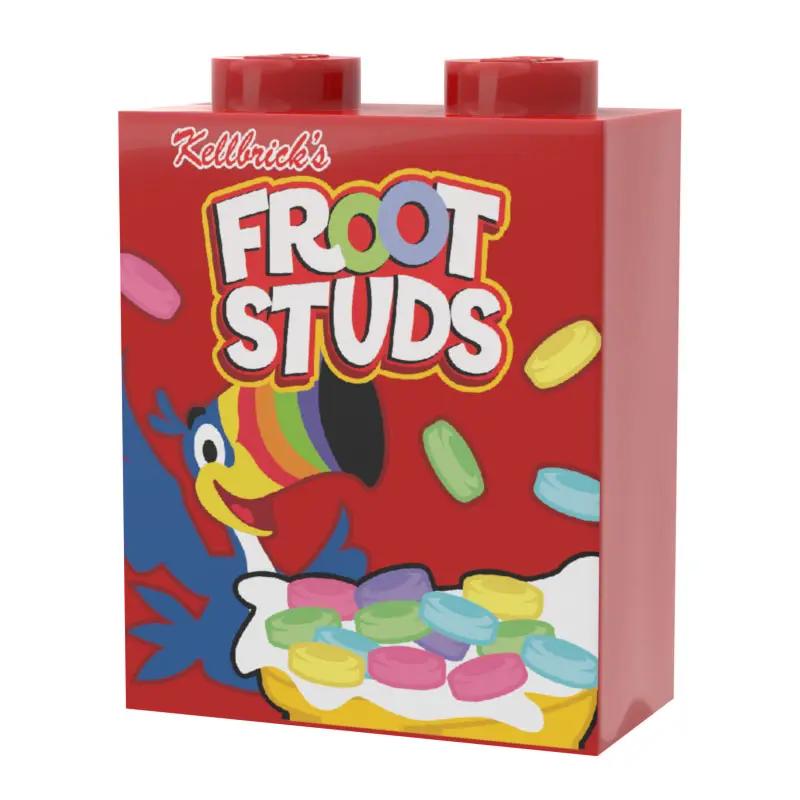 Custom LEGO Froot Studs Cereal brick by B3 Customs, featuring a printed cereal box design on a 1x2x2 LEGO brick.