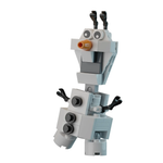 Lego snowman building set featuring Olaf character with orange carrot nose and twig arms, assembled with colorful LEGO bricks.