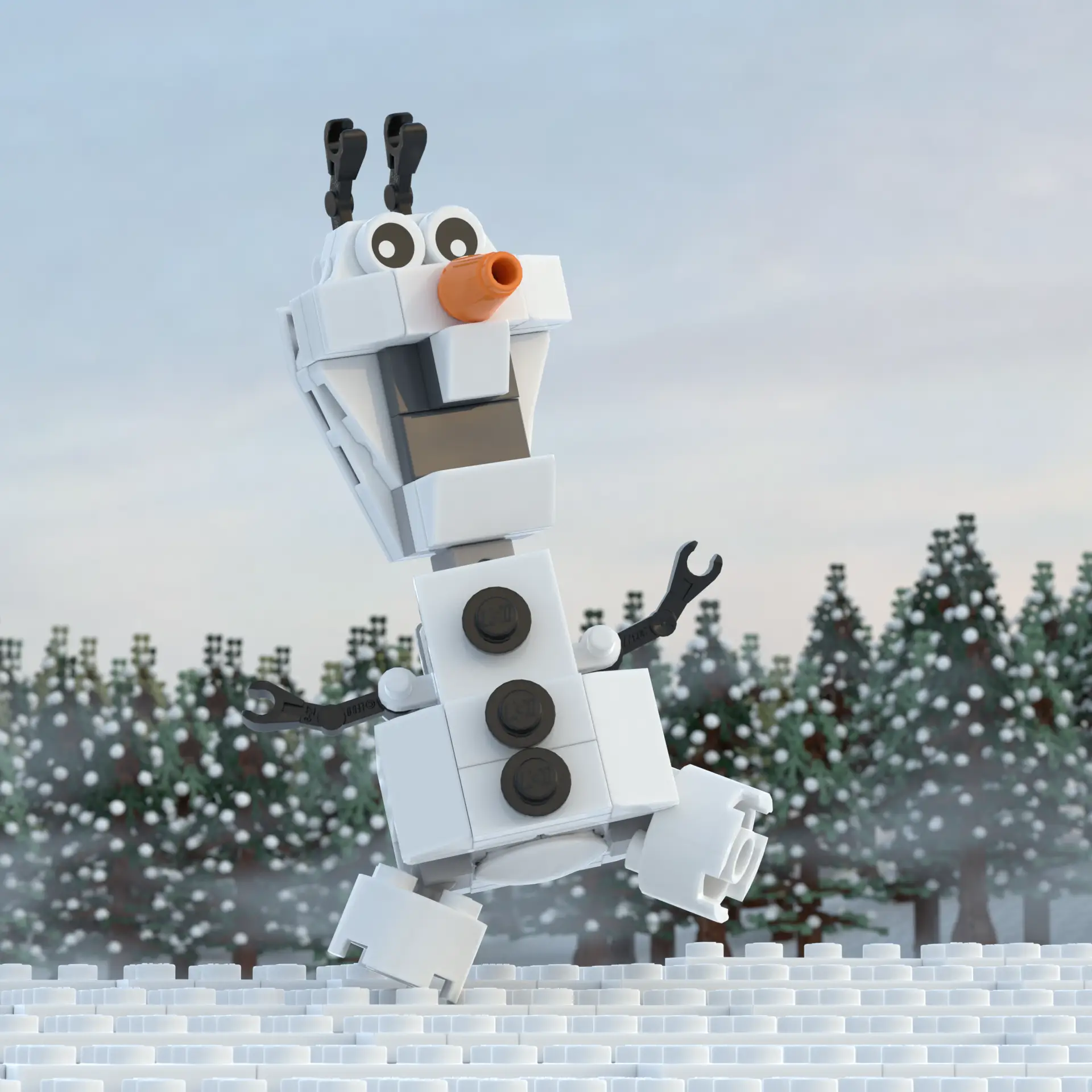 LEGO-style Olaf snowman building set with B3 Customs parts, featuring a cheerful snowman figure with carrot nose and twig arms.