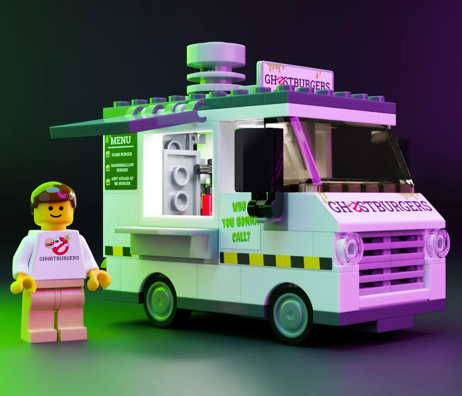Custom LEGO ghost burger food truck with minifig, designed by B3 Customs, featuring a detailed miniature food truck and playful figure.