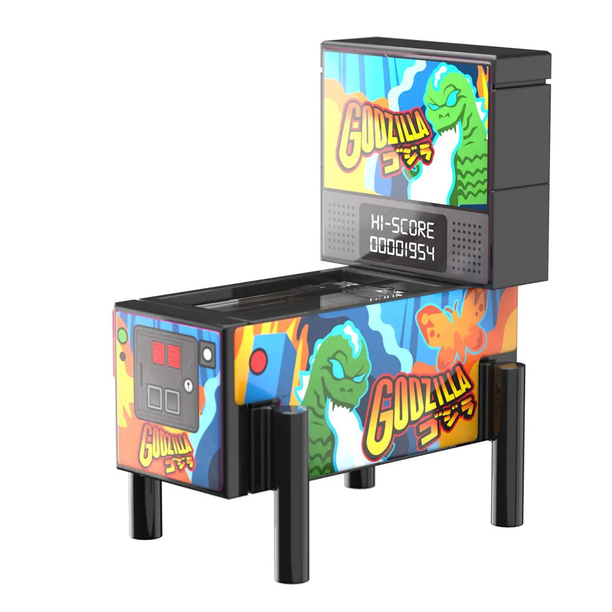 LEGO Godzilla pinball arcade machine building set by B3 Customs, featuring detailed miniature Godzilla figure and arcade design elements.