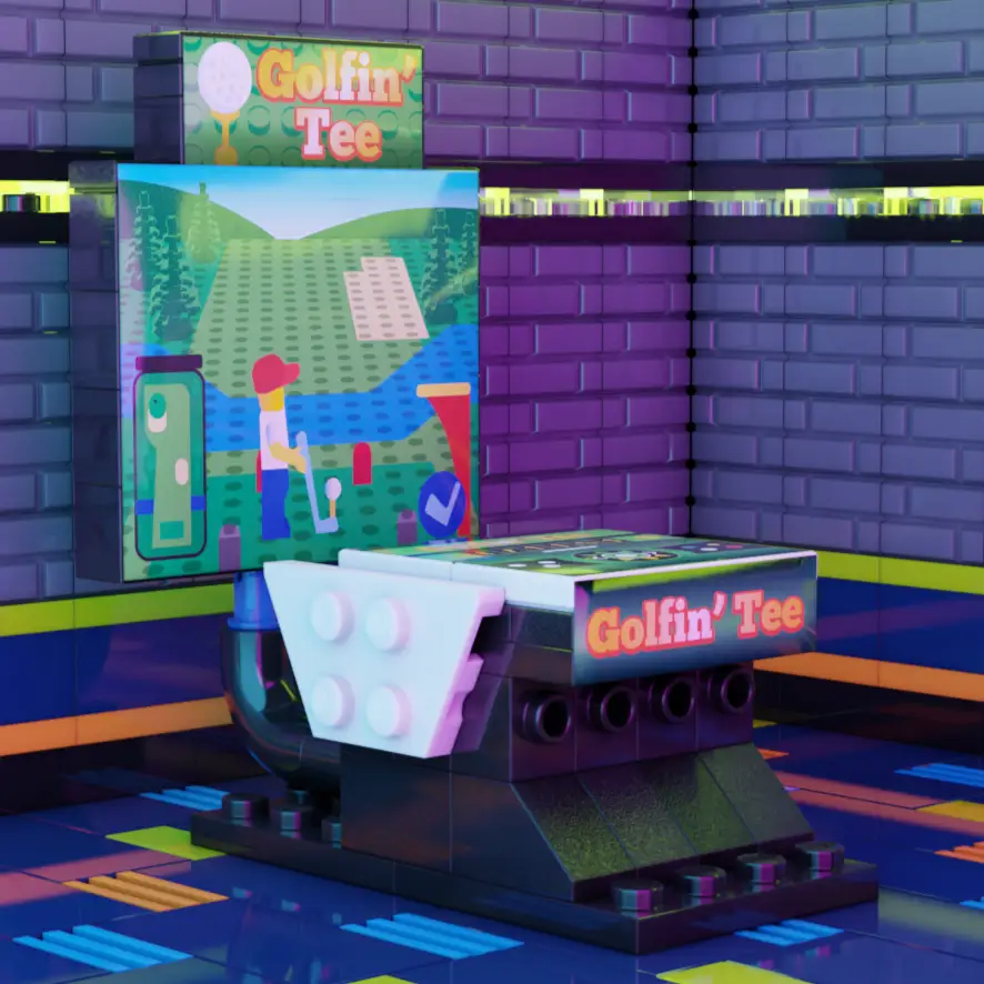 Custom LEGO Golfin' Tee Arcade B3 Customs building set featuring a detailed golden tee arcade machine.