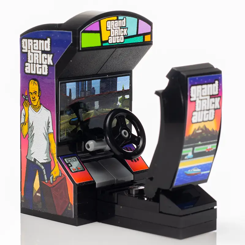LEGO-based Grand Brick Auto arcade racing game by B3 Customs with a white LEGO construction and detailed racing controls.