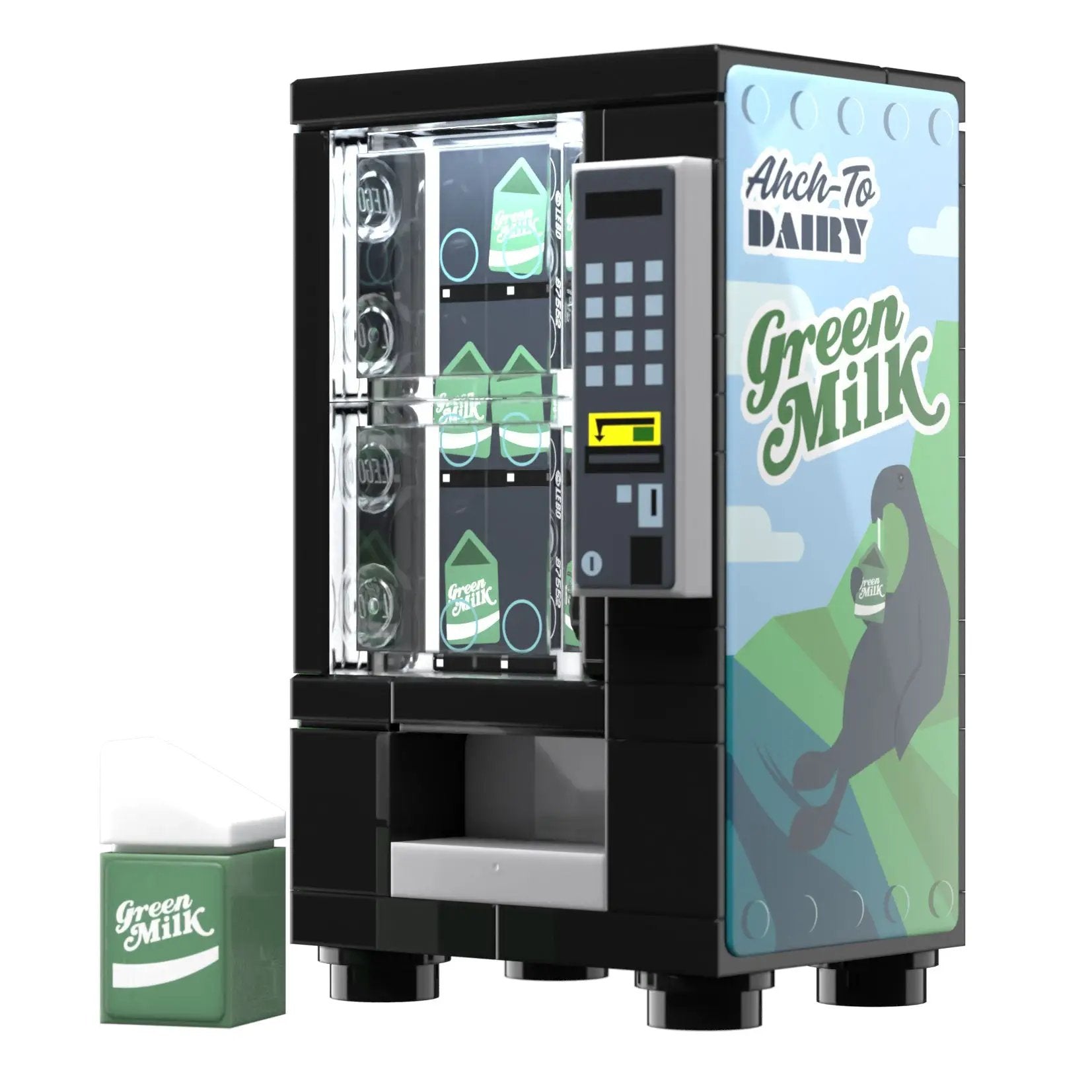 Green LEGO Milk Vending Machine Building Set by B3 Customs showing detailed custom brick construction with vending machine design.