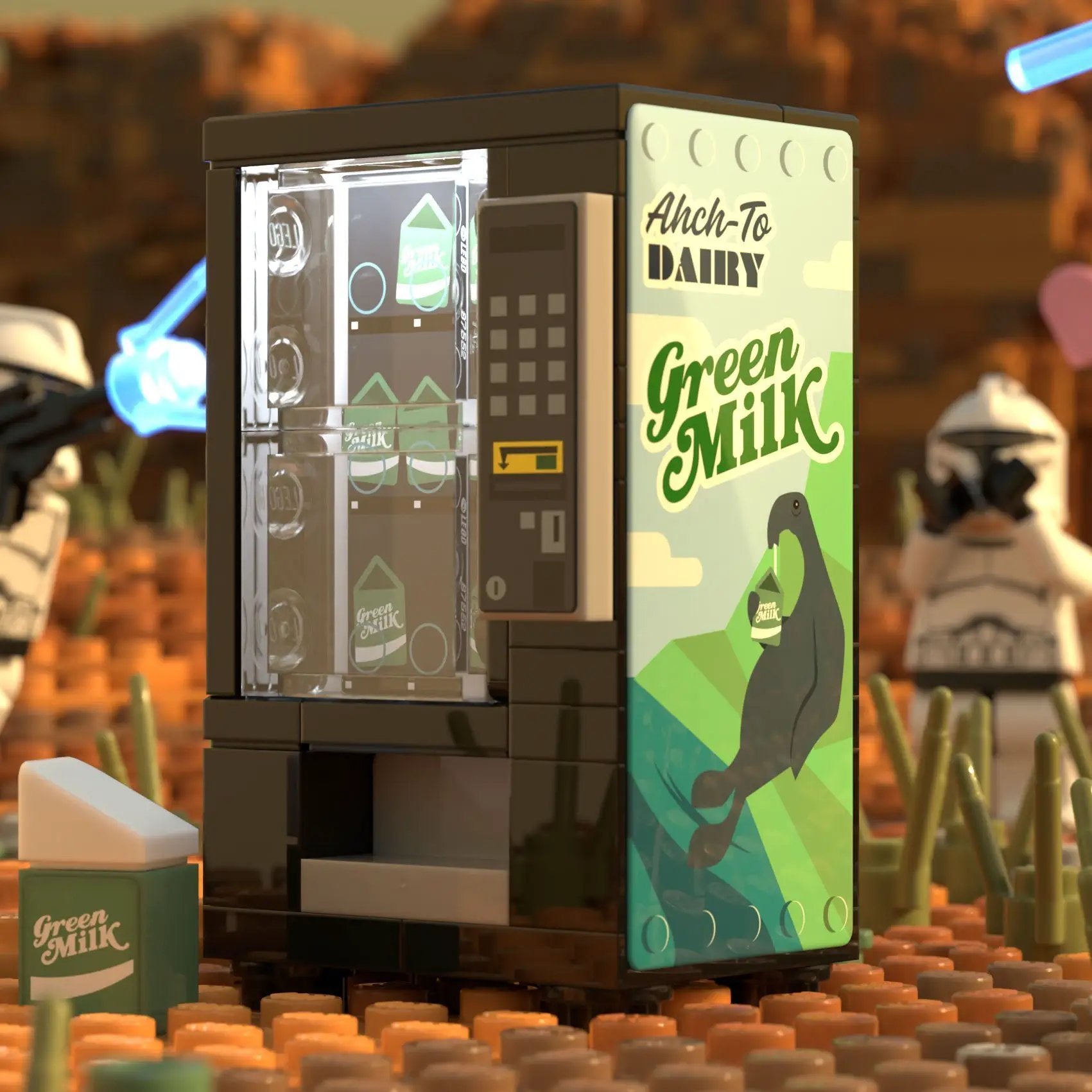 LEGO building set featuring a green milk vending machine created by B3 Customs, assembled with detailed LEGO parts.