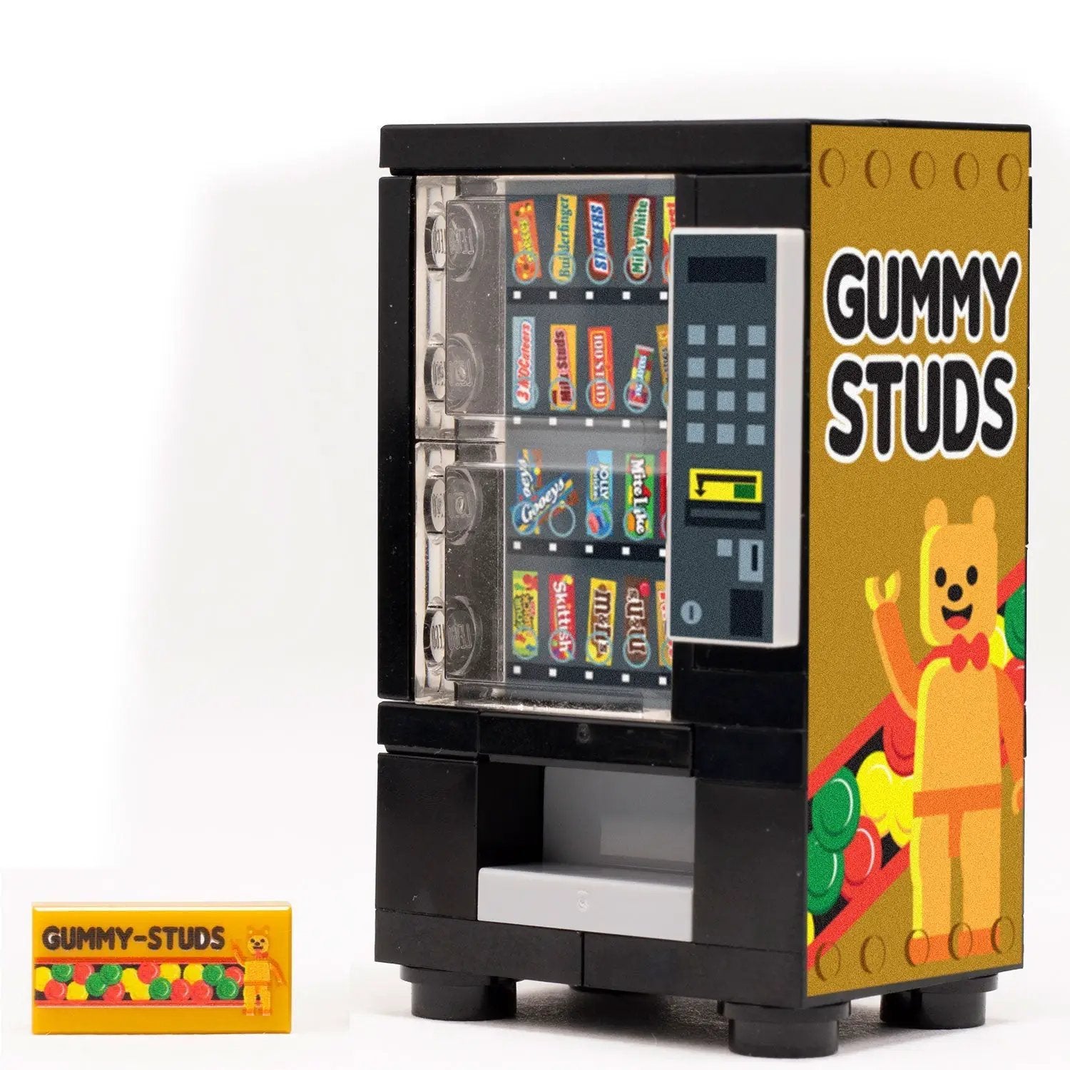 LEGO Gummy Studs vending machine by B3 Customs, detailed custom brick design with colorful gummy candy accessories.