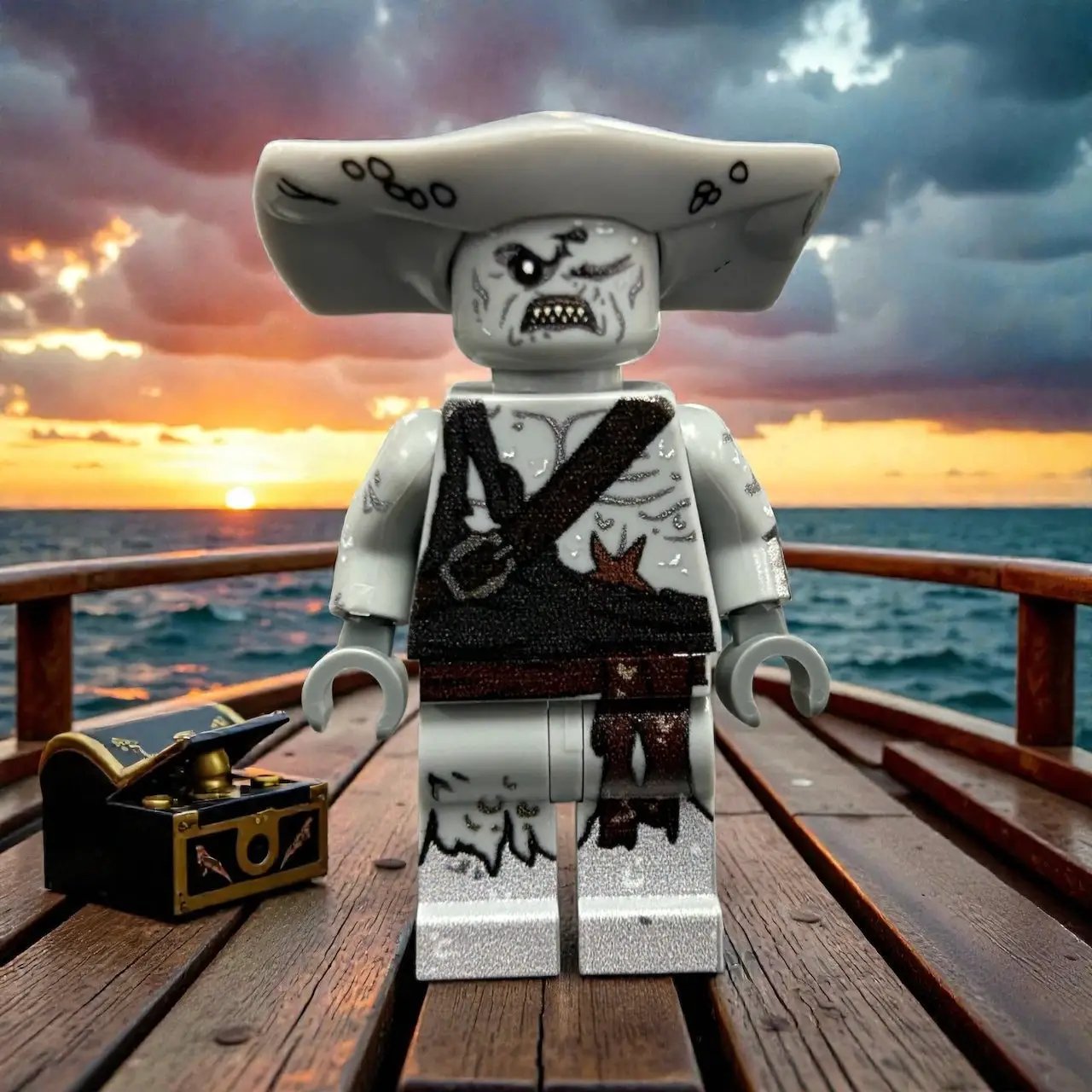 Hammerhead Pirate Minifig from B3 Customs featuring a detailed pirate character with a hammerhead shark head and pirate attire.